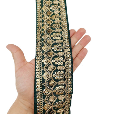 Dark Green Gold Embroidered Lace Trim Sequins Trim 9 Yard Decorative Sari Border Costume Ribbon Crafting Sewing Tape